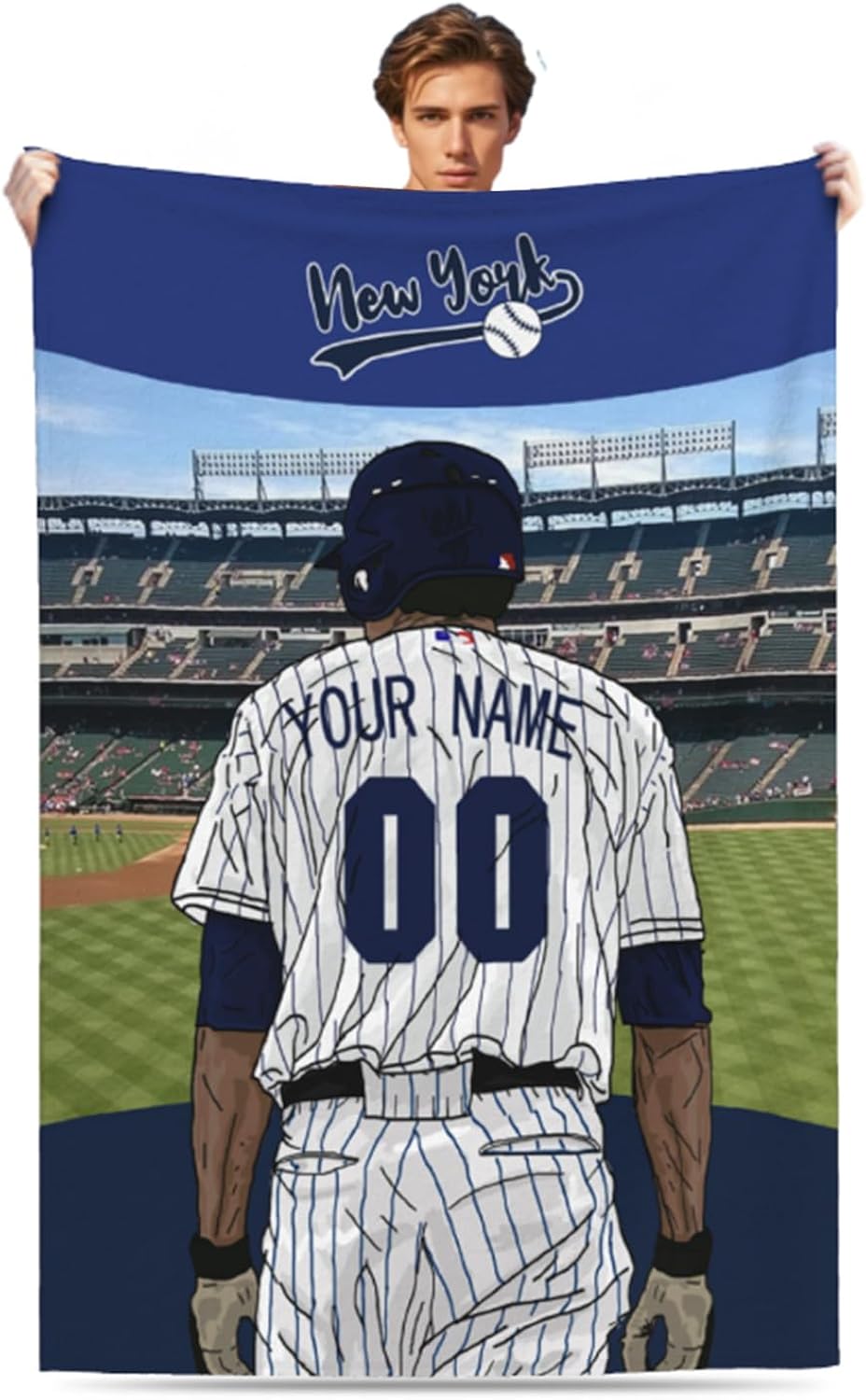 Custom Flannel Blanket with Baseball Player with Any Name and Number, Personalized Throw Blanket with (New York1) Baseball Team Star Art Print for Kid Adult