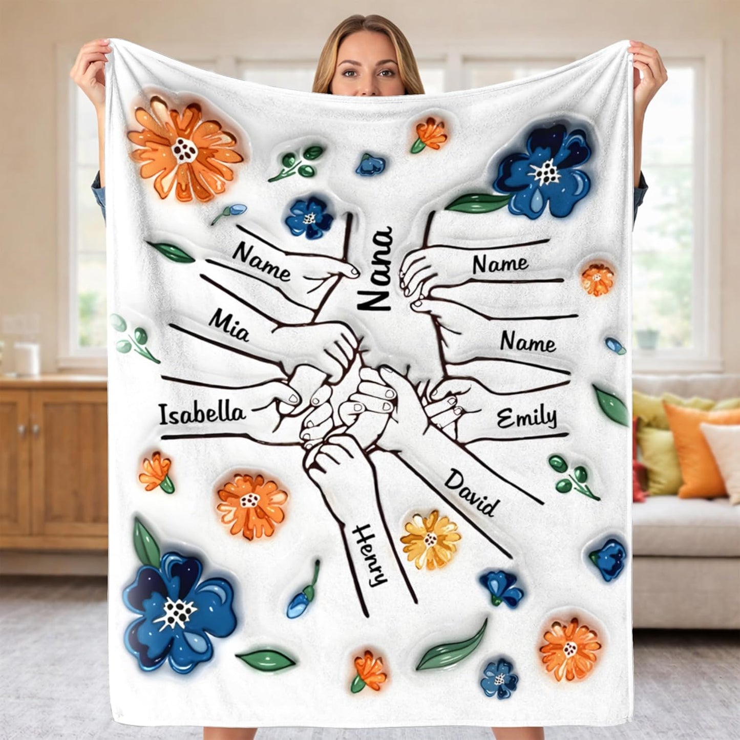 KiKiLuna Personalized Flannel Throw Blanket, Custom Collage Throw with Names for Mom Grandma, Cherished Family Keepsake