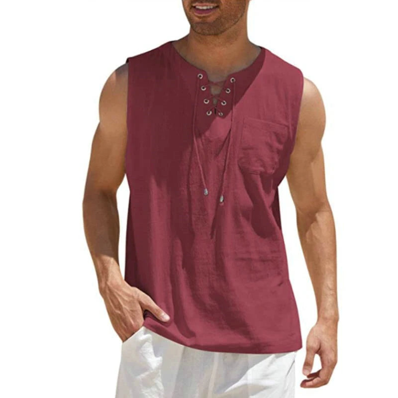 Hot Vest Short Lace-up New Shirt Sale T-shirt 2024 Color Sleeve Linen Men's