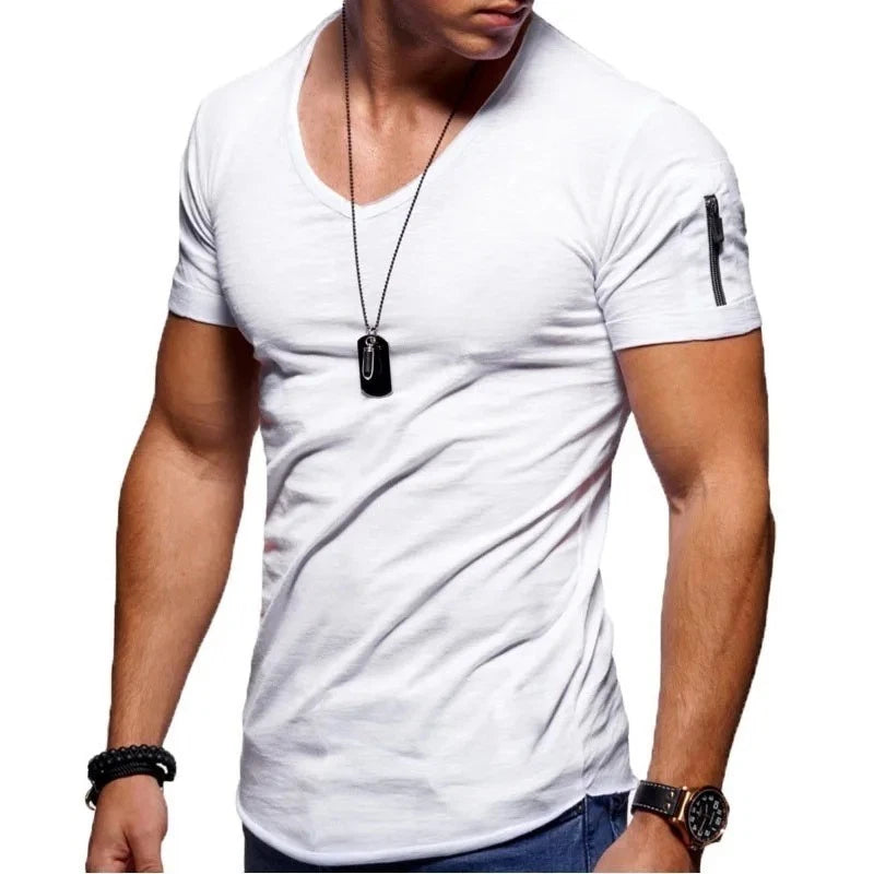 2025 Quality Cotton Men T-shirt V-neck Fashion Design Slim Fit Solid