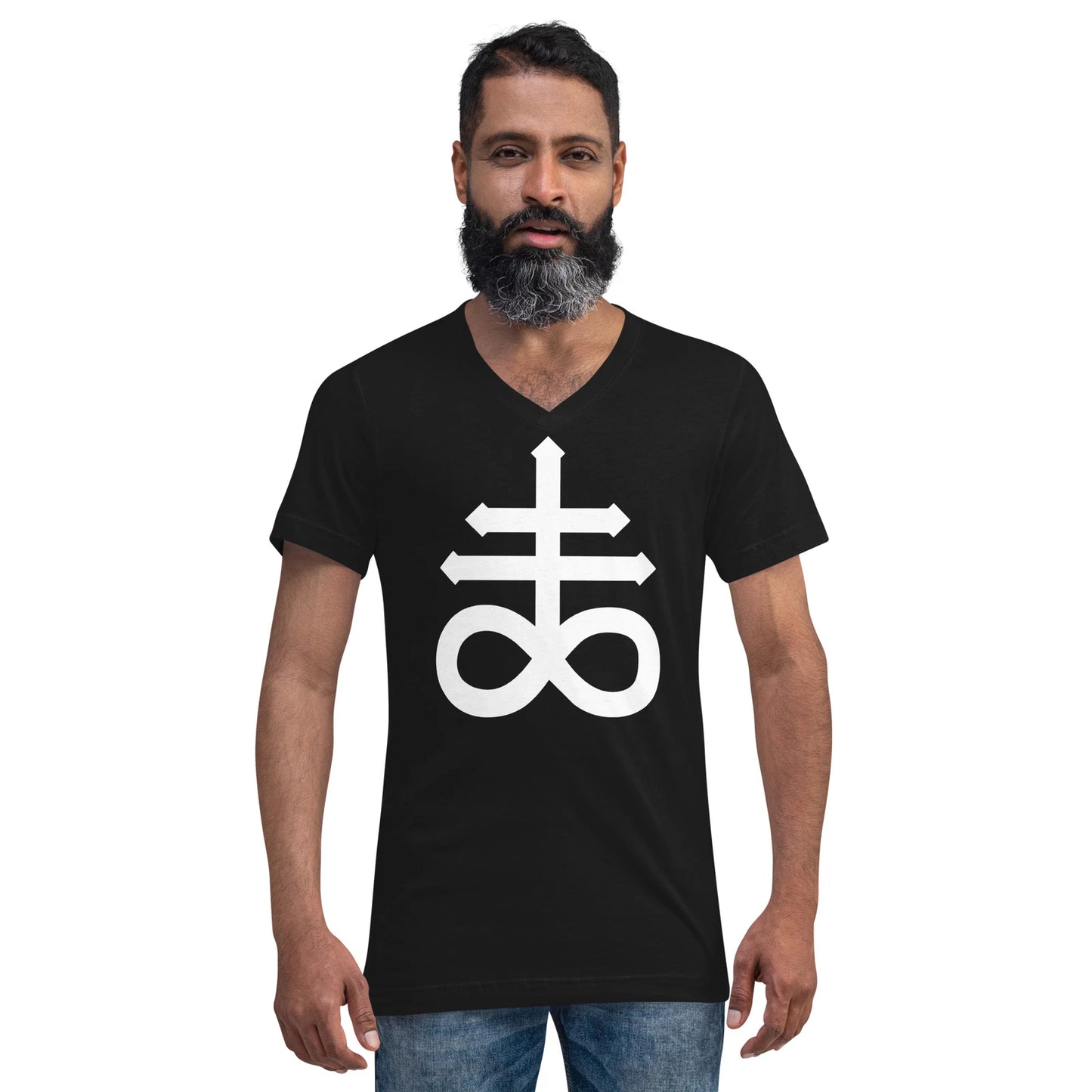 White Leviathan Cross of Satan Occult Unisex Short Sleeve V-Neck T-Shirt