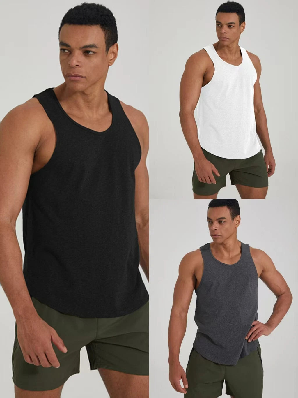 Men's gym sports fitness training Tank Top cotton curved hem split vest