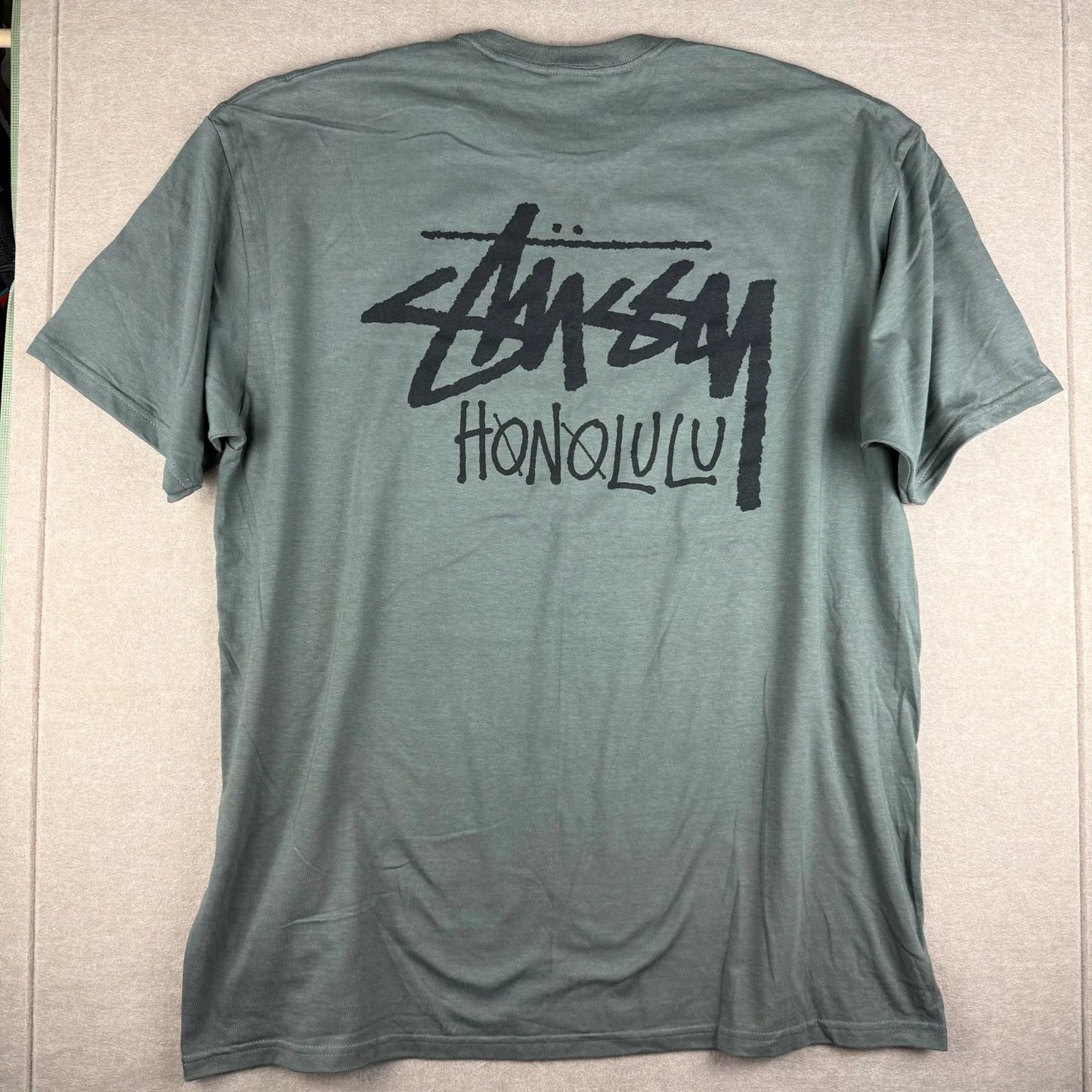 Y2K Stussy Honolulu Shirt Mens XXL Army Green Logo Streetwear Surf Tee RED TAG