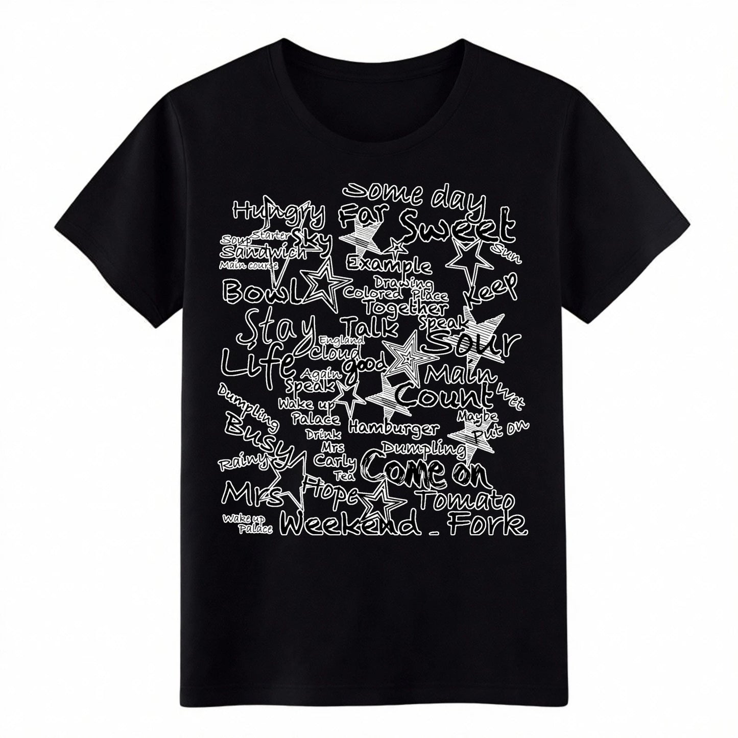 Hand Drawn Word Collage T-Shirt Casual Life Quote Graphic Tee for Everyday Wear