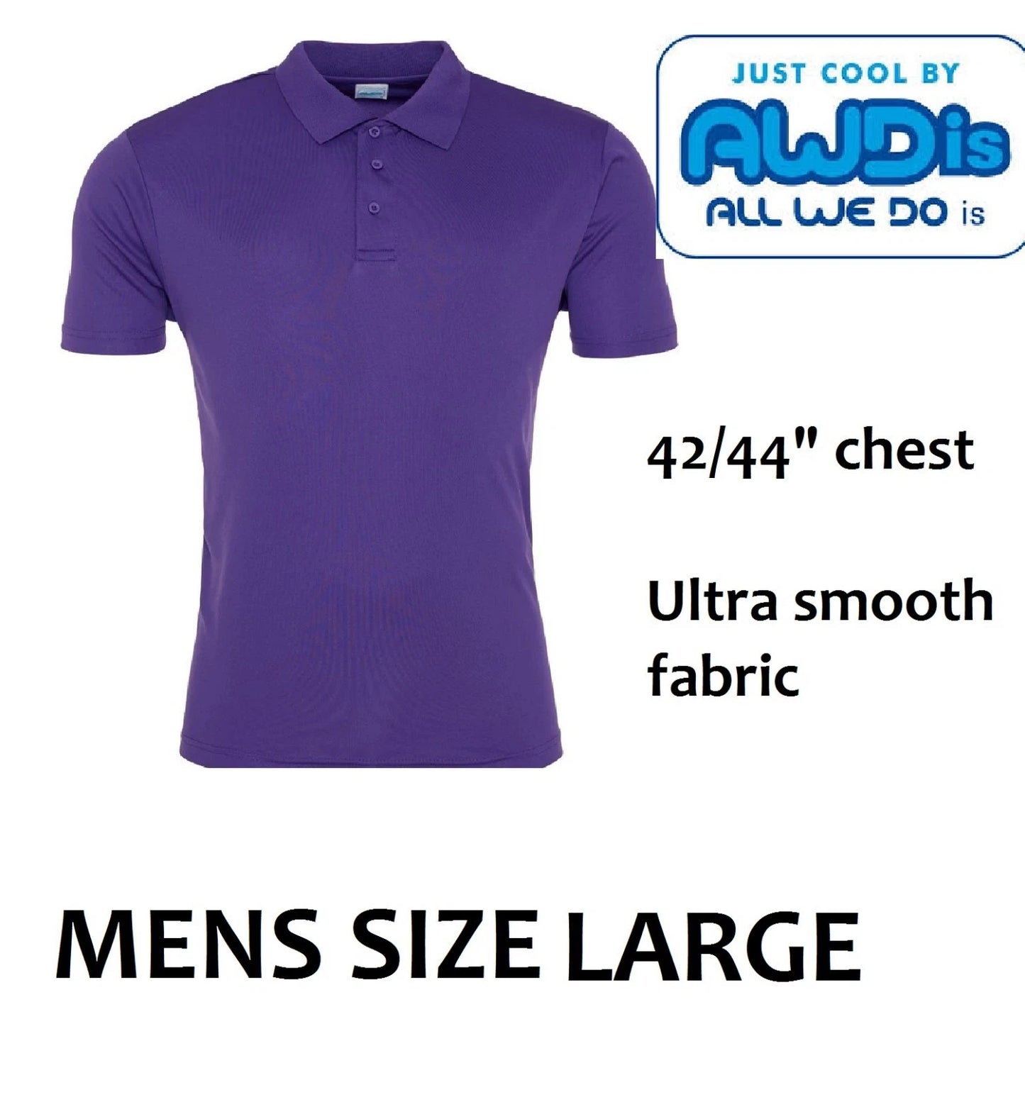 Mens polo shirt Size Large 42/44" chest Purple Just Cool AWDIS Style JC021, NEW
