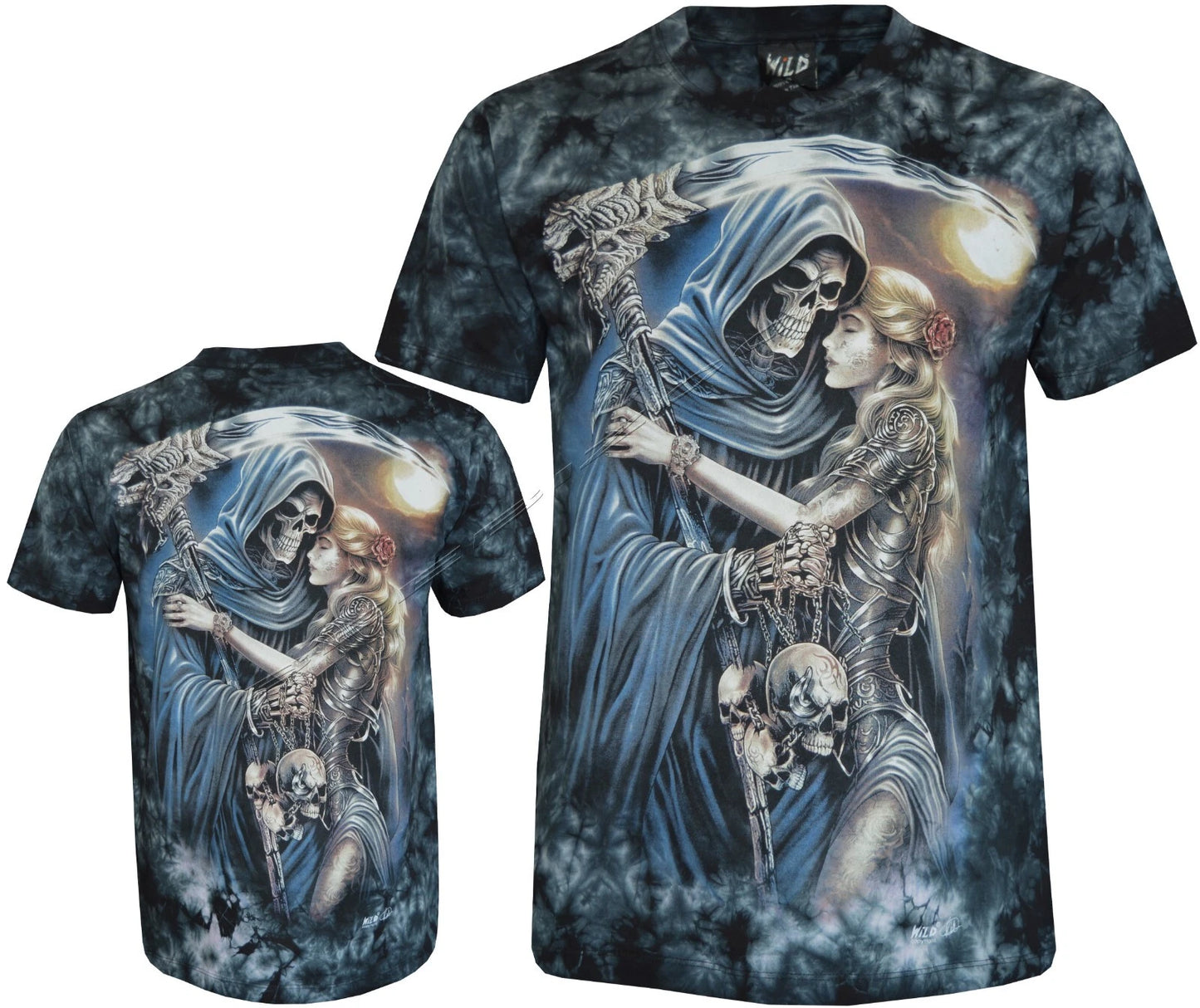 Tie Dye T-shirt Grim Reaper & Blonde Woman Soldier Scythe Glow in Dark by Wild