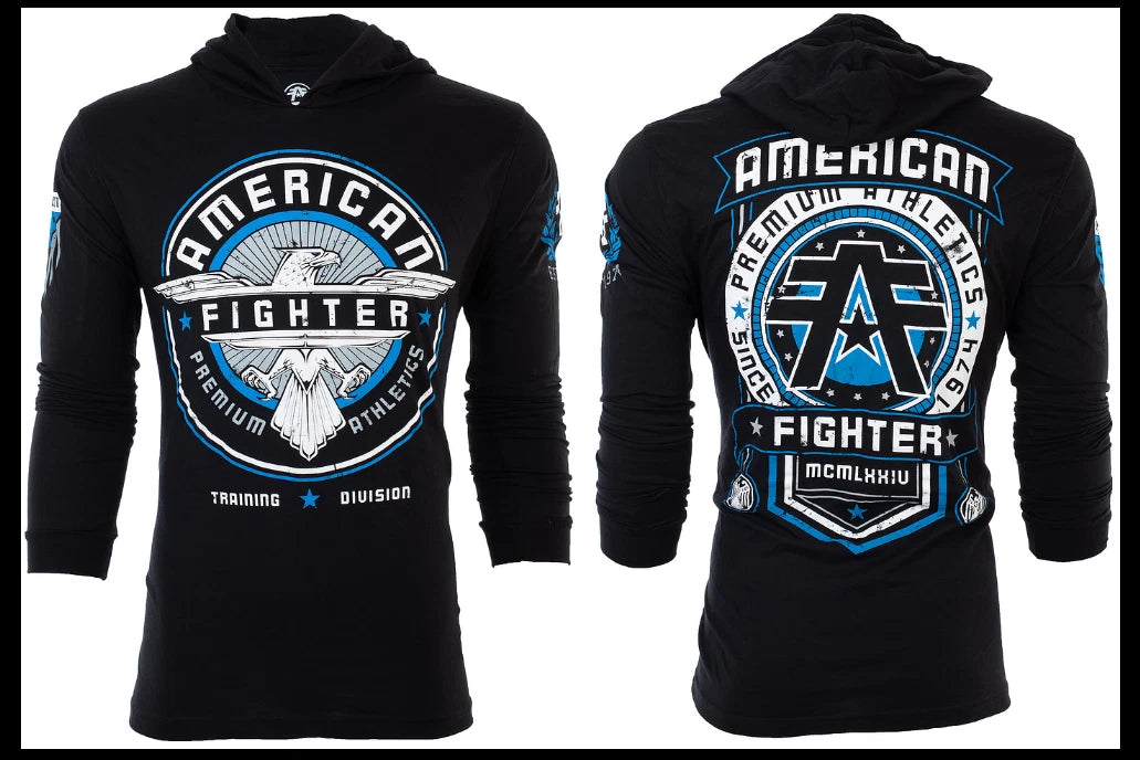AMERICAN FIGHTER Black Blue White BROCKPORT Long Sleeve Hoodie T-shirt NWT