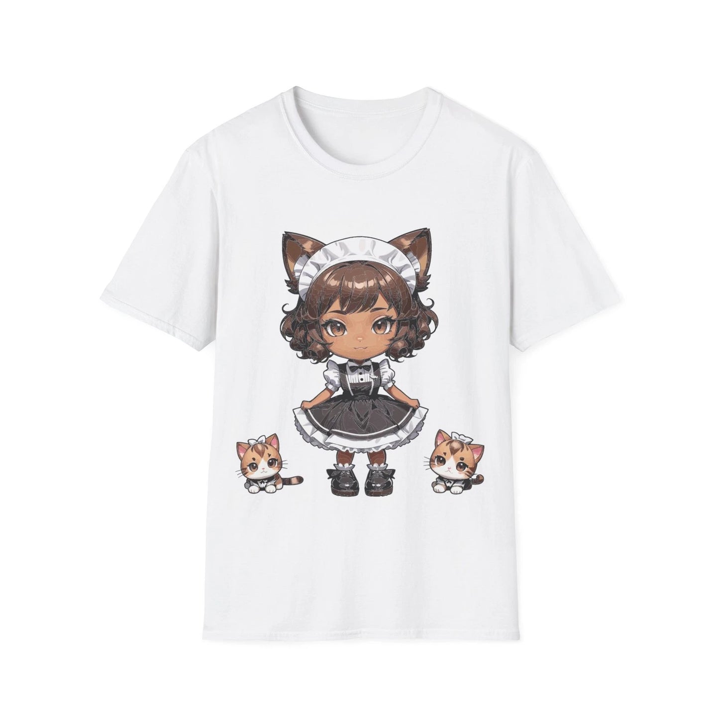 Chibi Catgirl Maid T-Shirt Kawaii Anime Maid with Kittens Soft Cotton Tee
