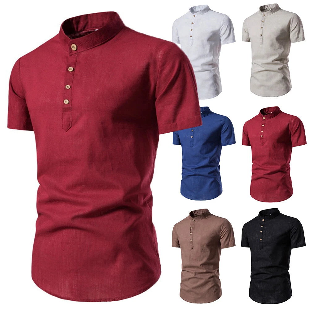 Men T Shirt Top Short Sleeve Casual Slim Fit Stand Collar Solid Color Button E