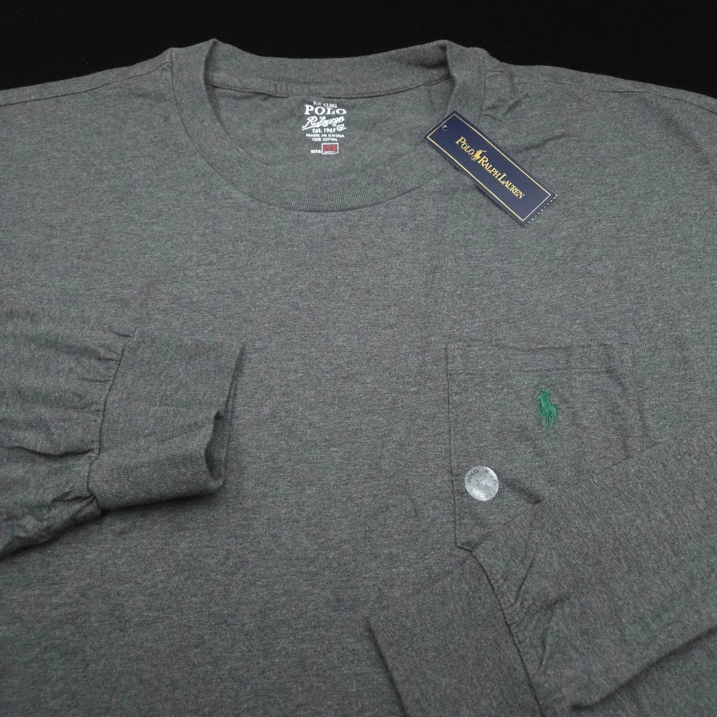POLO RALPH LAUREN CREW T-SHIRT -3XB BIG 3XL- GRAY HEATHER LONG SLEEVE GREEN PONY