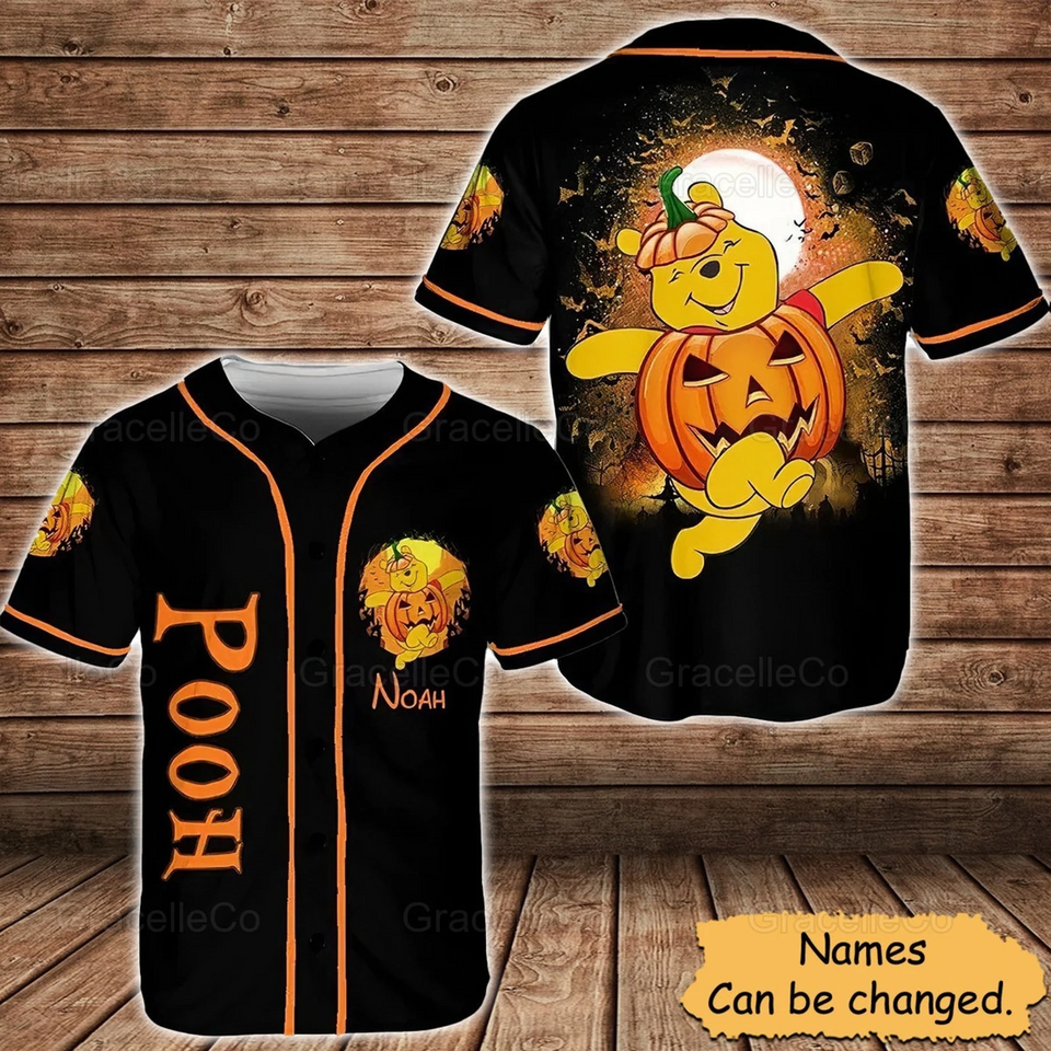 Get Spooktacular with Personalized Pooh Halloween Jersey Shirt – Pumpkin Baseball Style - Bafud