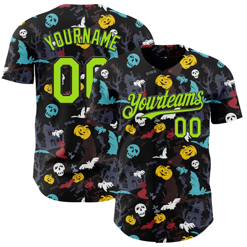 Custom Black Neon Green 3D Halloween Skull Pumpkin Doodle Party Costume Ideas Authentic Baseball Jersey
