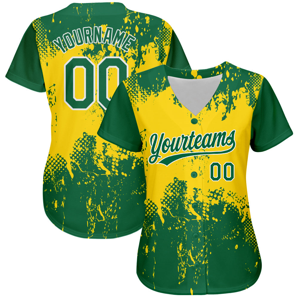 Custom Gold Green-White 3D Pattern Design Authentic Baseball Jersey