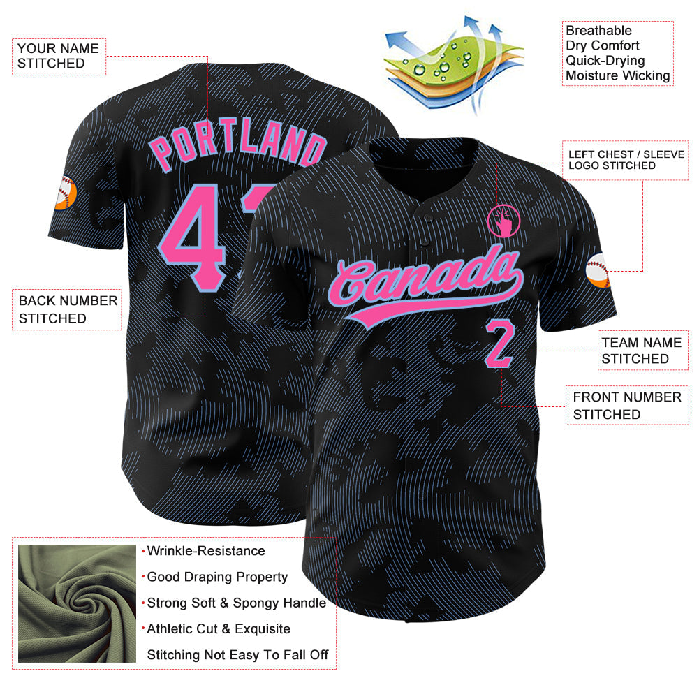 Custom Black Pink-Light Blue 3D Pattern Design Curve Lines Authentic Baseball Jersey