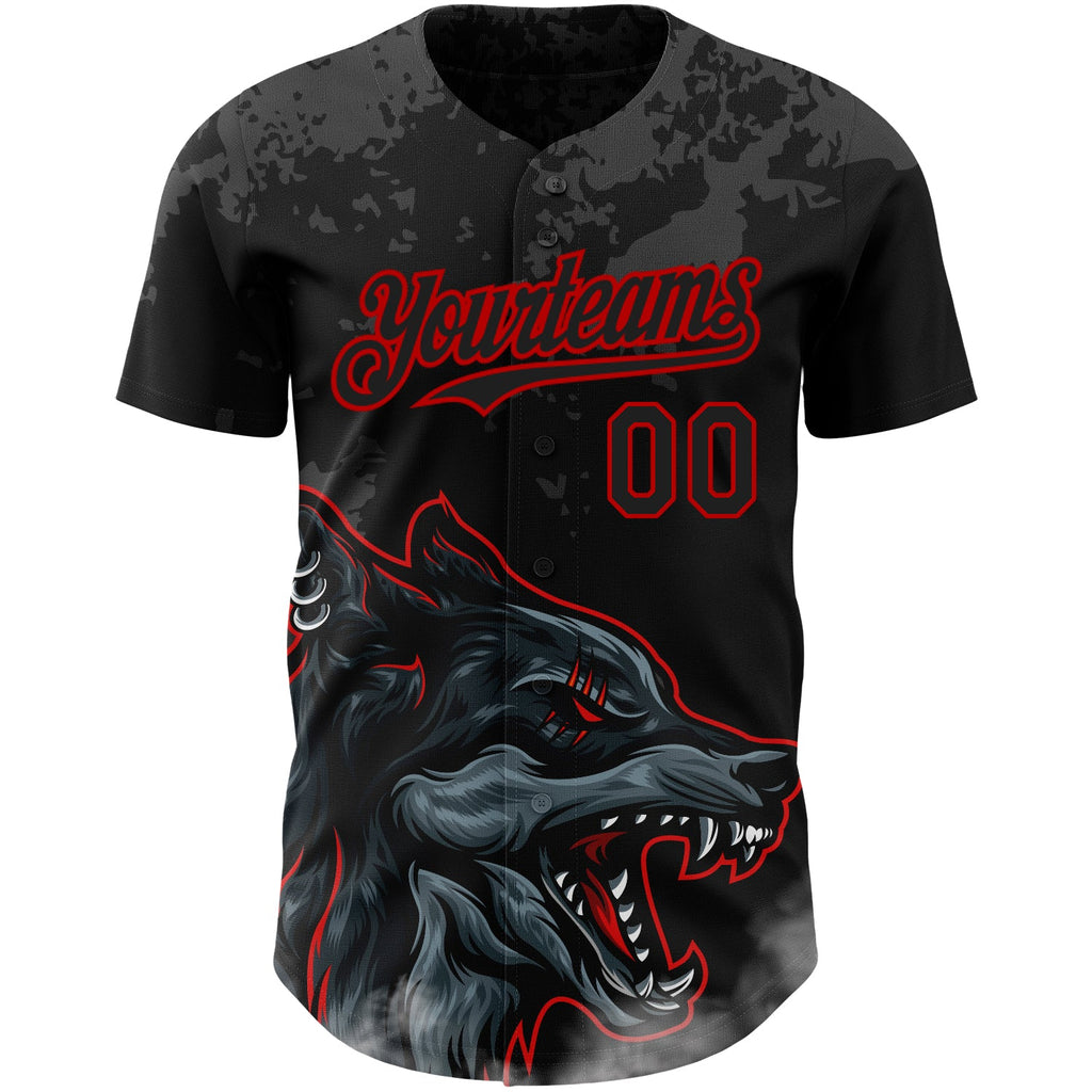 Custom Black Red 3D Pattern Design Animal Wolf Authentic Baseball Jersey