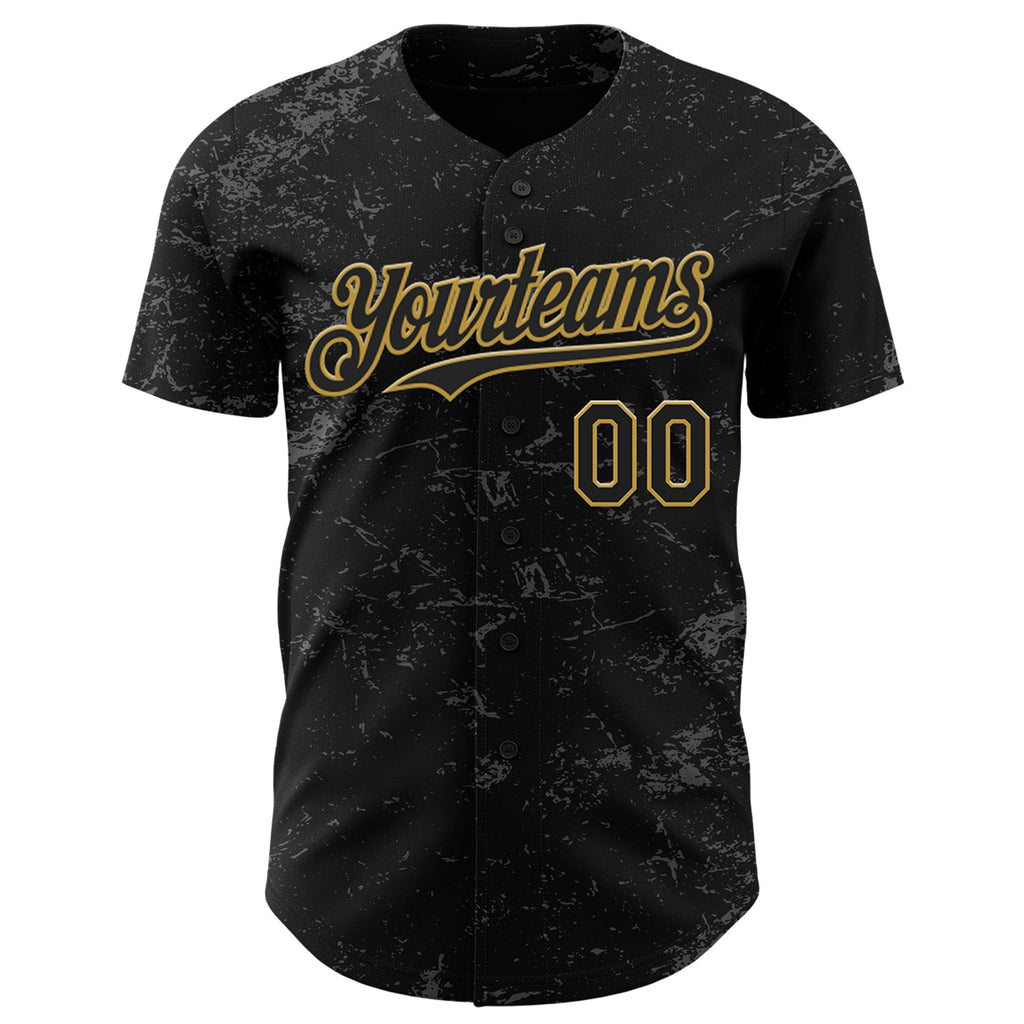 Custom Black Old Gold-Steel Gray 3D Pattern Design Abstract Splatter Texture Authentic Baseball Jersey