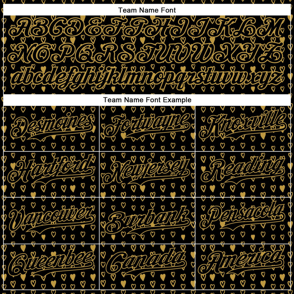 Custom Black Old Gold 3D Pattern Design Hearts Authentic Baseball Jersey