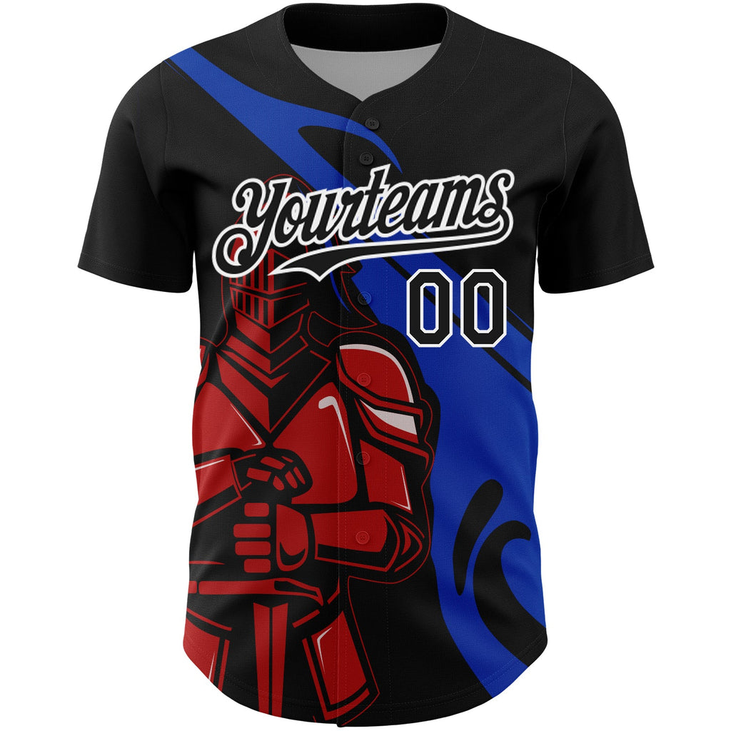Custom Black Thunder Blue-Red 3D Pattern Design Knight Hero Art Authentic Baseball Jersey