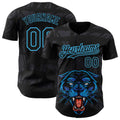 Custom Black Sky Blue 3D Pattern Design Animal Panther Authentic Baseball Jersey