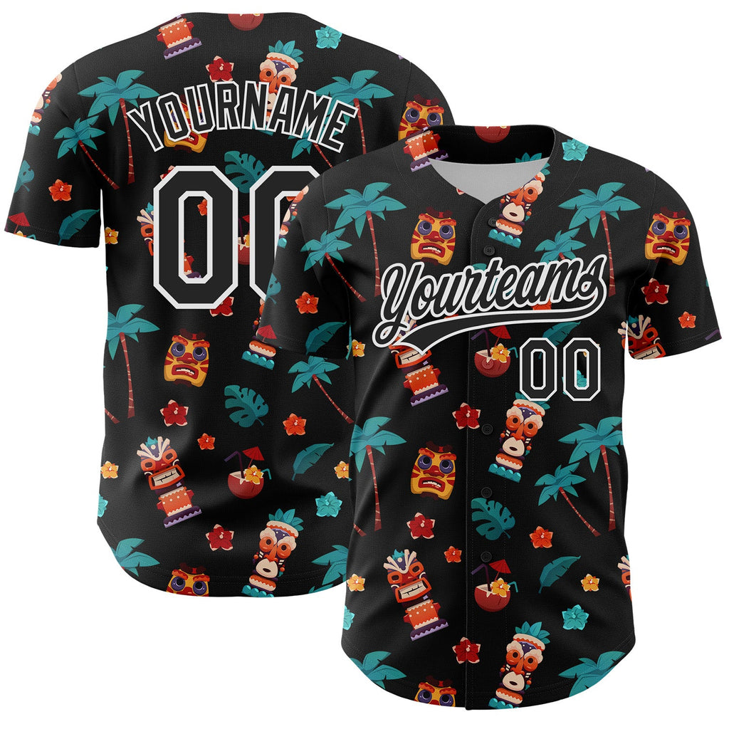 Custom Black White 3D Hawai Tropical Palm Tree Flower And Tiki Mask Authentic Baseball Jersey