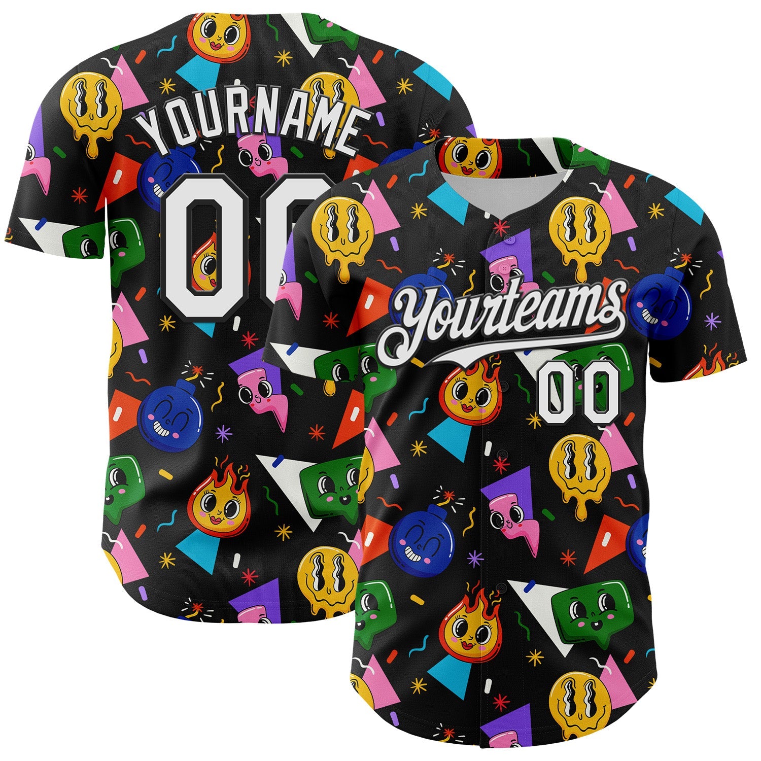 Custom Black White 3D Pattern Design Funny Cartoon Emoji Face Authentic Baseball Jersey