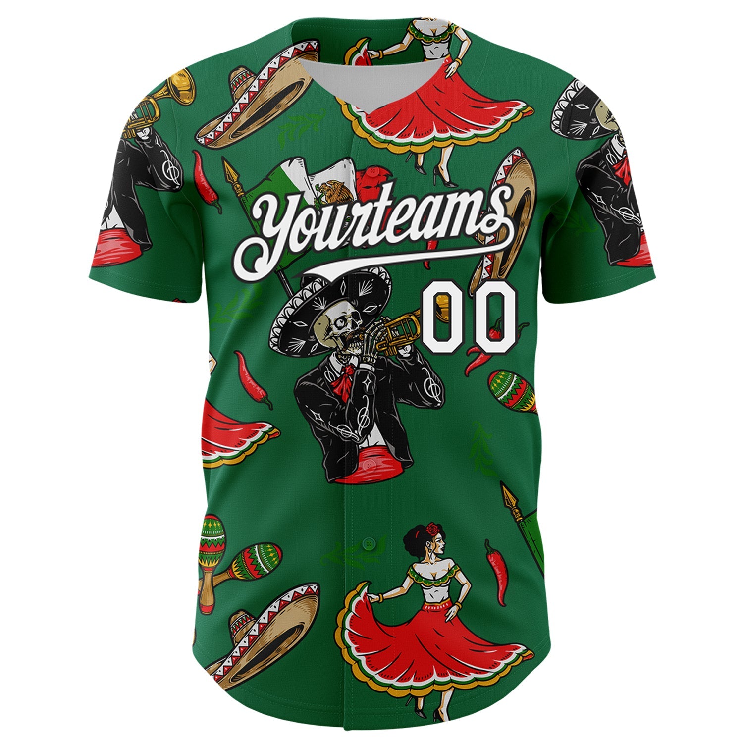 Custom Kelly Green White-Black 3D Mexican Festival Skull Cinco de Mayo Authentic Baseball Jersey
