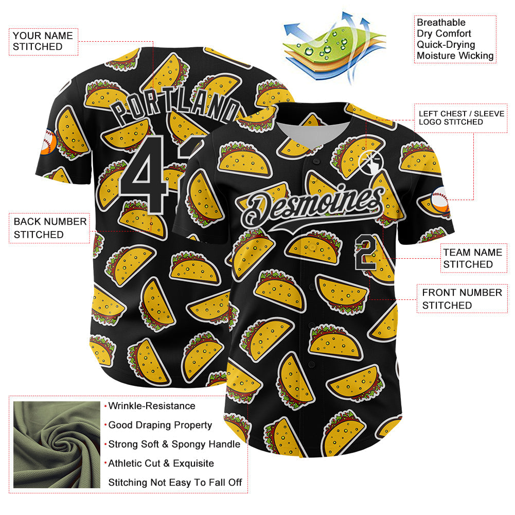 Custom Black White 3D Mexican Festival Taco Cinco de Mayo Authentic Baseball Jersey