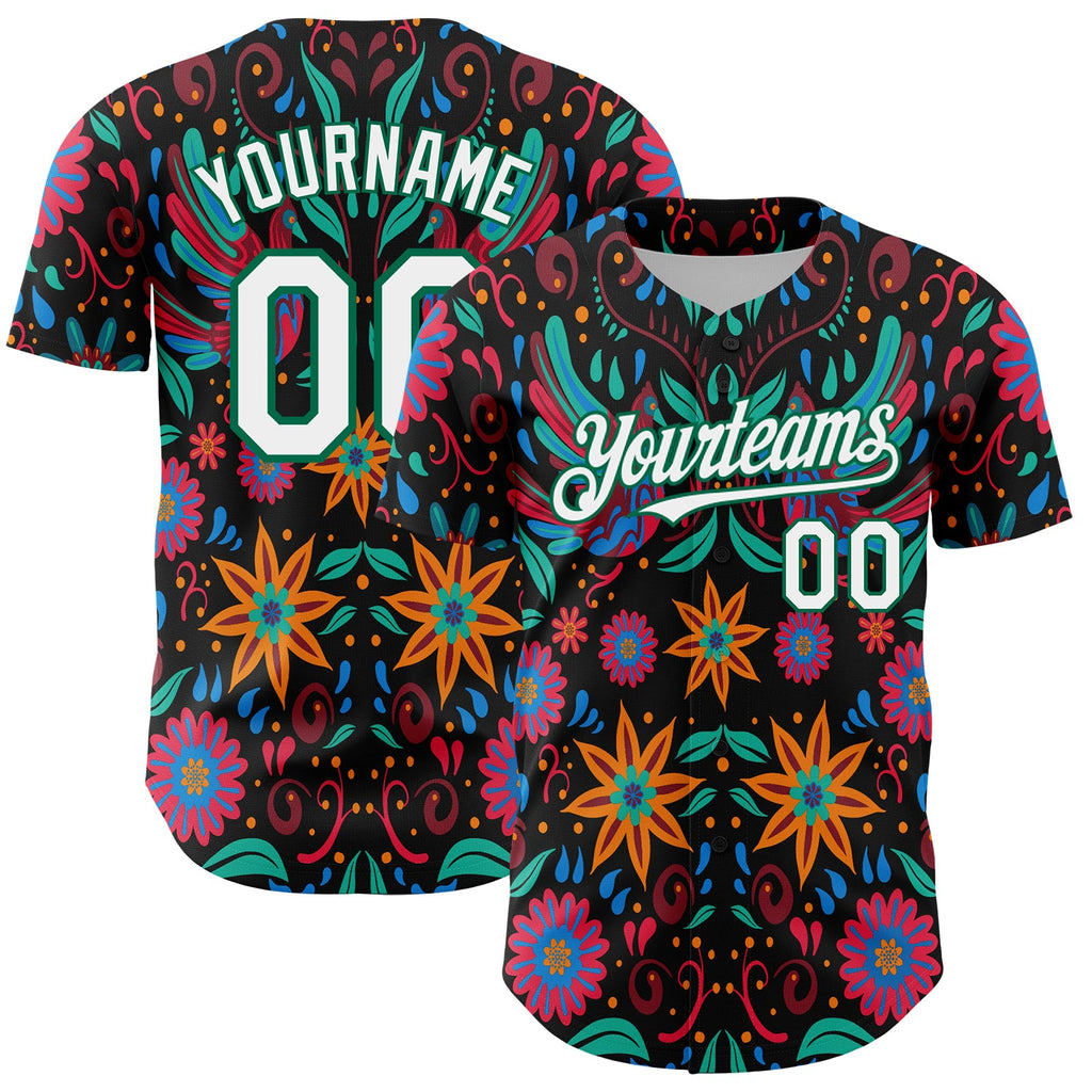 Custom Black White-Kelly Green 3D Mexican Festival Flower Cinco de Mayo Authentic Baseball Jersey