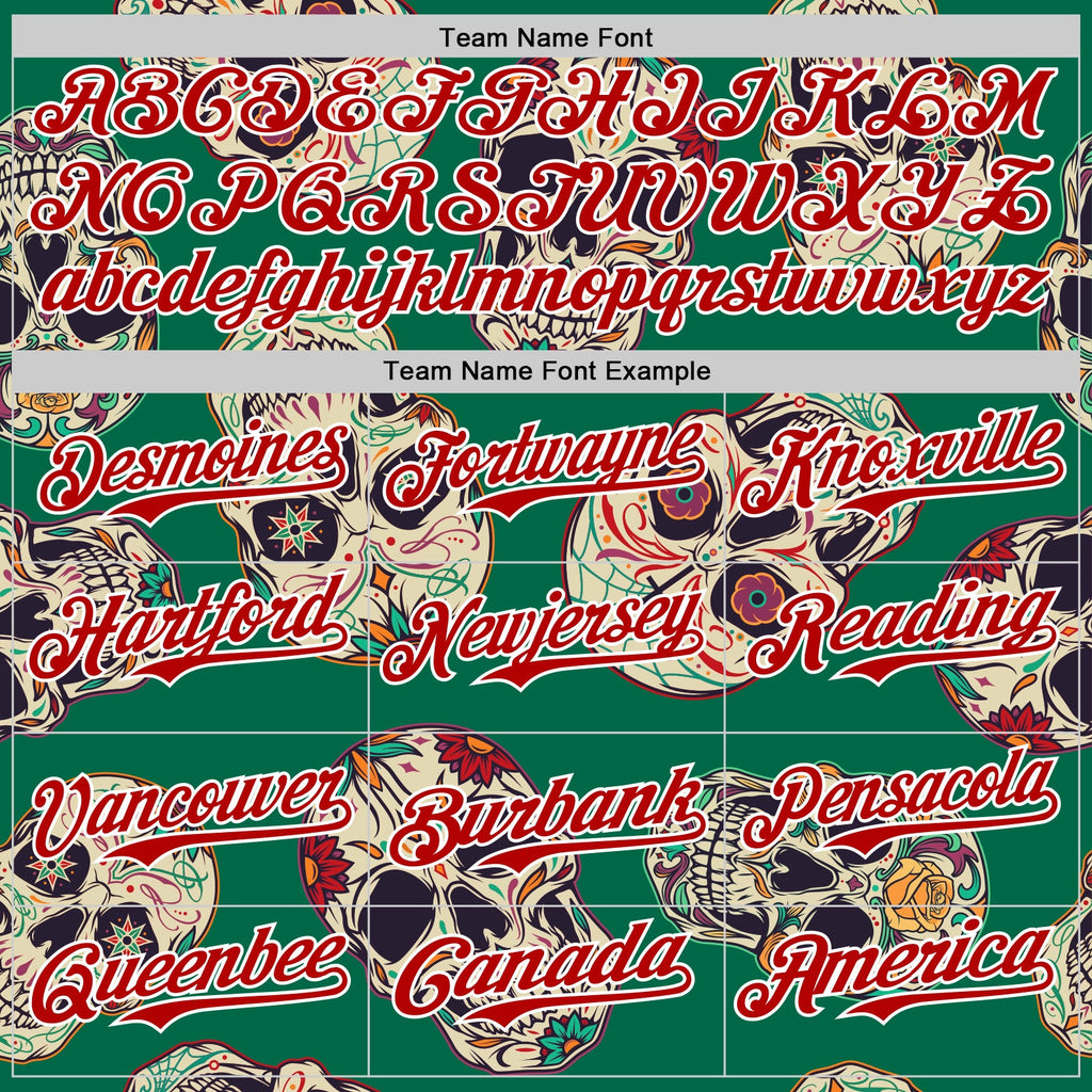 Custom Kelly Green Red-White 3D Mexican Skull Authentic Baseball Jersey