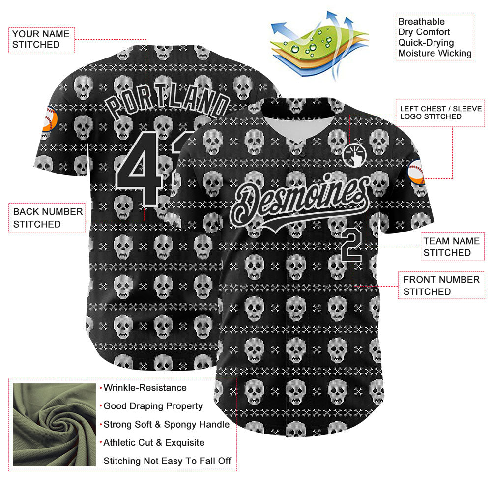 Custom Black White 3D Gothic Skull Authentic Baseball Jersey