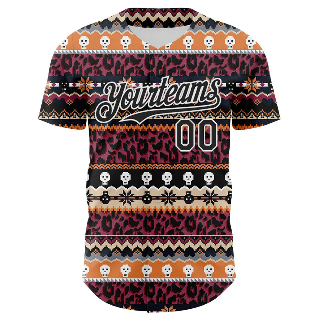 Custom Black White 3D Skull And Leopard Print Authentic Baseball Jersey