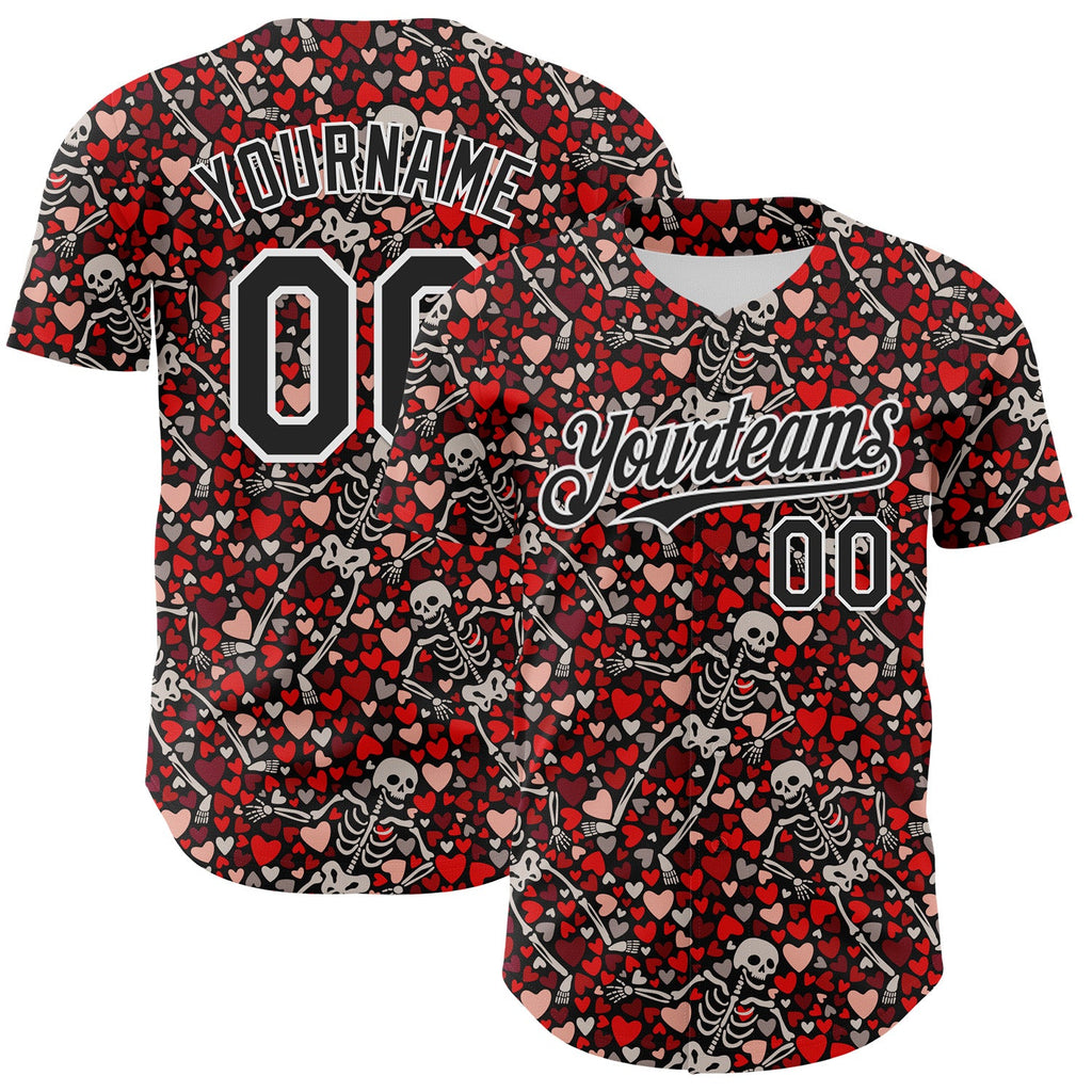 Custom Black White 3D Skeleton And Heart Authentic Baseball Jersey
