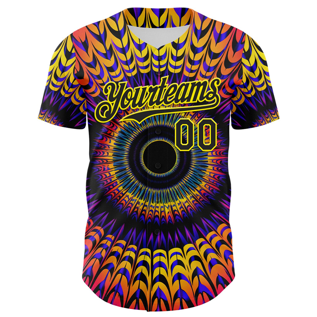 Custom Black Light Yellow 3D Pattern Design Rave Psychedelic Fractal Style Authentic Baseball Jersey