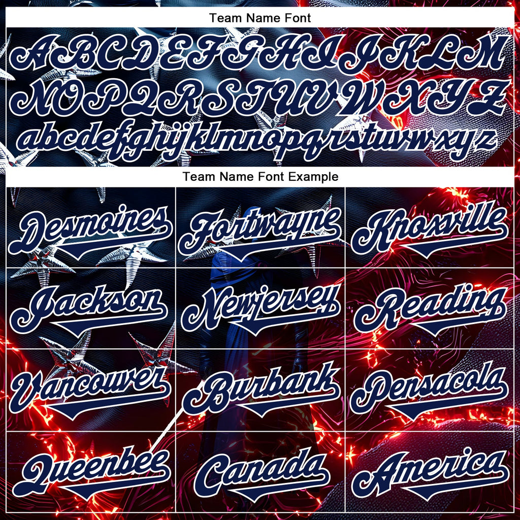 Custom Blue Navy-White 3D Pattern Design Outer Space Light Swords American Flag Authentic Baseball Jersey