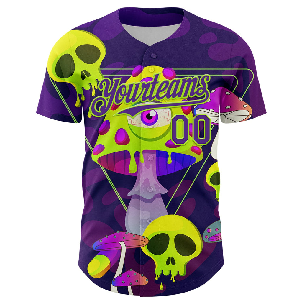 Custom Black Purple-Neon Green 3D Pattern Design Trippy Magic Mushrooms Skull Authentic Baseball Jersey