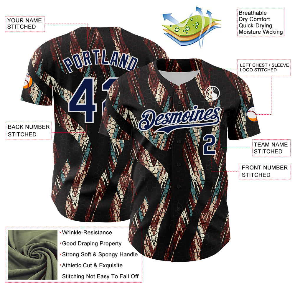 Custom Black Navy-White 3D Pattern Design Burner Costumes Animal Print Authentic Baseball Jersey