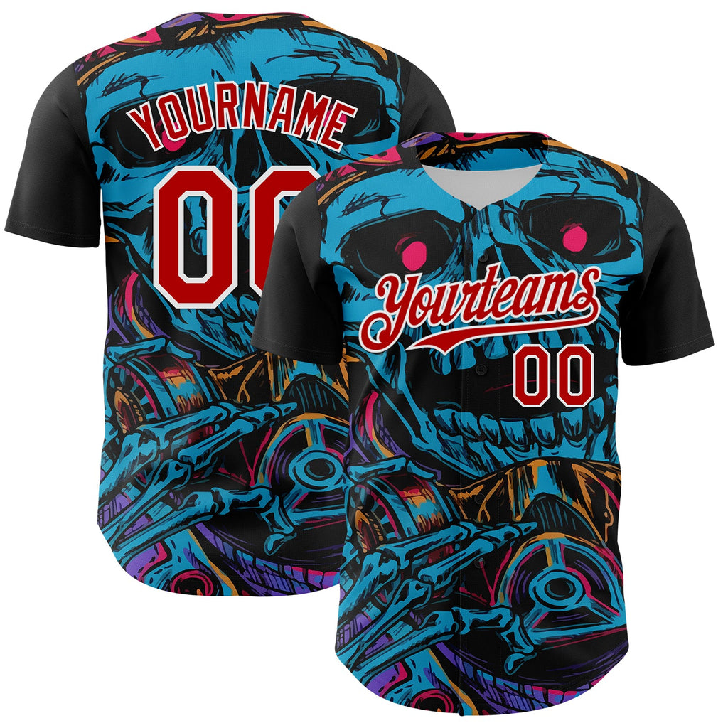 Custom Black Red-White 3D Pattern Design Burner Costumes Horror Skull Authentic Baseball Jersey