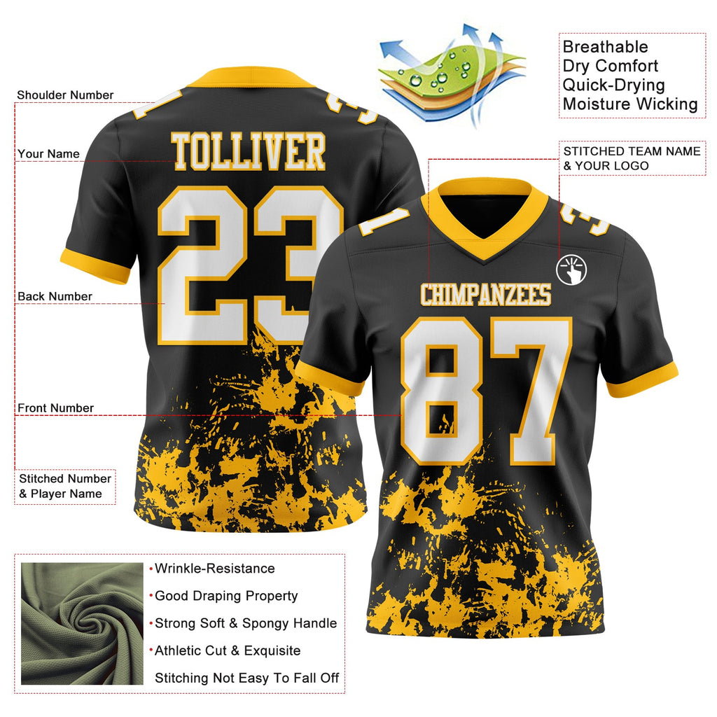 Custom Black White-Gold 3D Pattern Splash Authentic Football Jersey