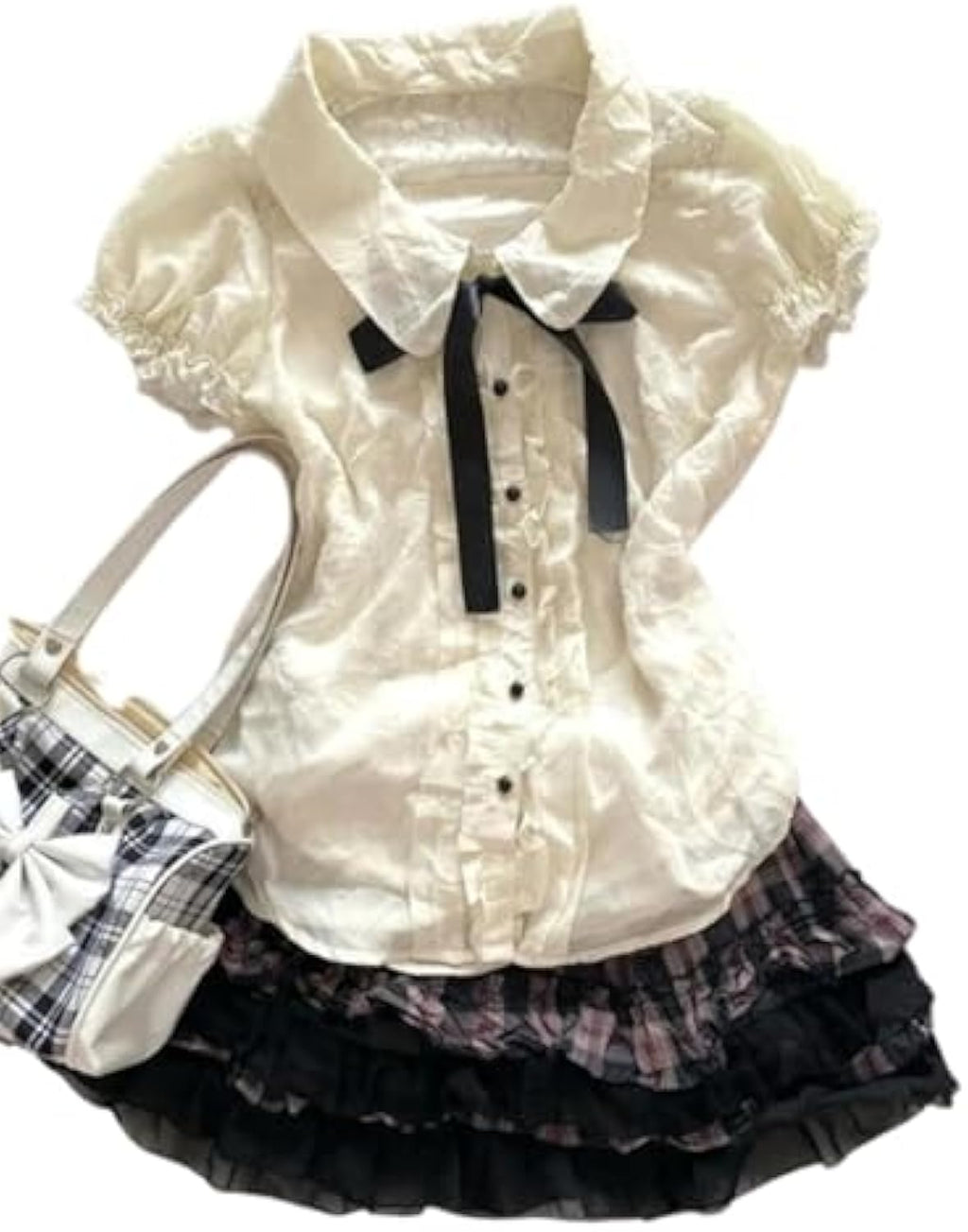 Lolita Shirts Kawaii Cute Clothes Blouse Lace Short Jirai Kei Fashion Puff Sleeve Shirt Ruffle Top with Bow Cutecore