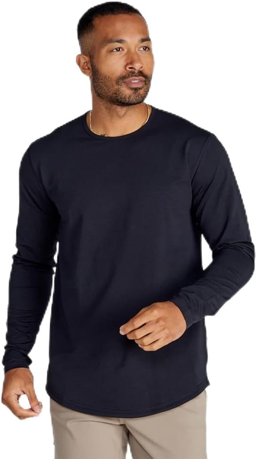 Men's Drop-Cut Long Sleeve – Plain Crewneck Shirt for Men – Soft Polyester, Cotton, Spandex Blend – Wrinkle Resistant