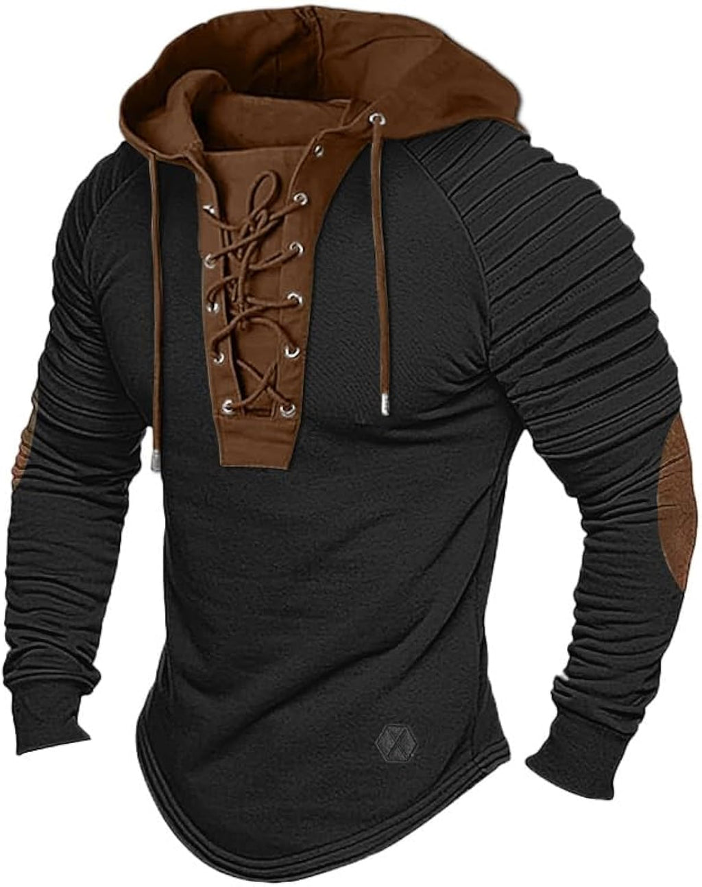 Men's Henley Shirt Hooded Long Sleeve Lace Up Vintage Solid Casual T-Shirt Tactical Patchwork Western Tee Sports
