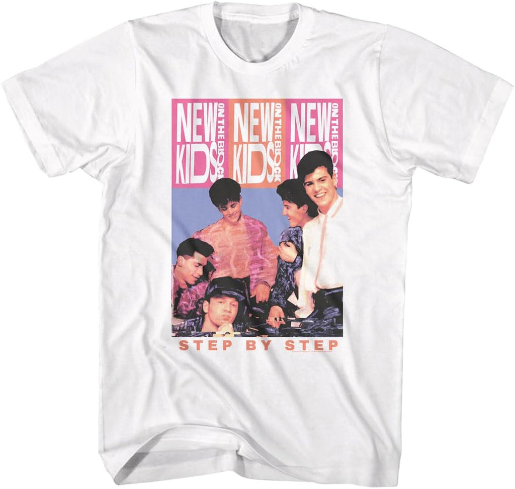 New Kids On The Block Step by Step Mens White Short Sleeve T Shirt 90s Music Boy Band Graphic Tees