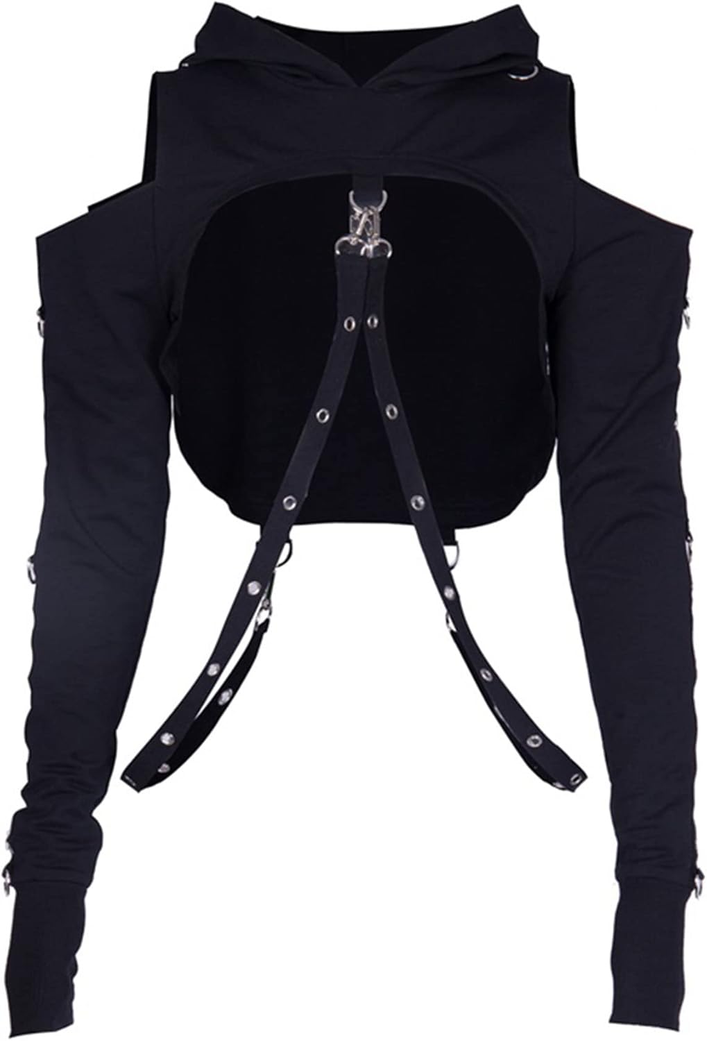 Gothic Punk Long Sleeve Cold Shoulder Hooded Crop Tops Buckle Strap Hoodie Sweatshirt