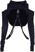 Gothic Punk Long Sleeve Cold Shoulder Hooded Crop Tops Buckle Strap Hoodie Sweatshirt