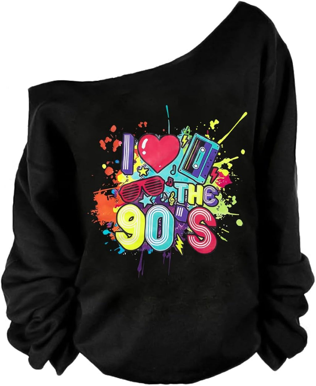 Women 80s Shirts 1980S Womens Disco Themed Graphic Outfits 80's Off The Shoulder Party Tops Oversized Long Sleeve Tee