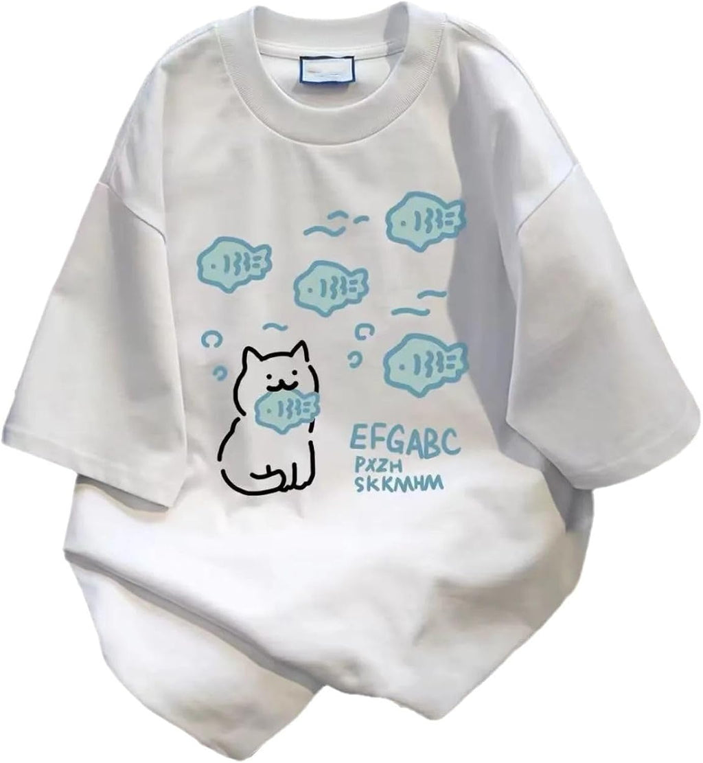 Harajuku Cat Graphic Cotton Short Sleeve T-Shirt for Women Summer Kawaii Graffiti Print Tee Top Preppy Grunge Clothes