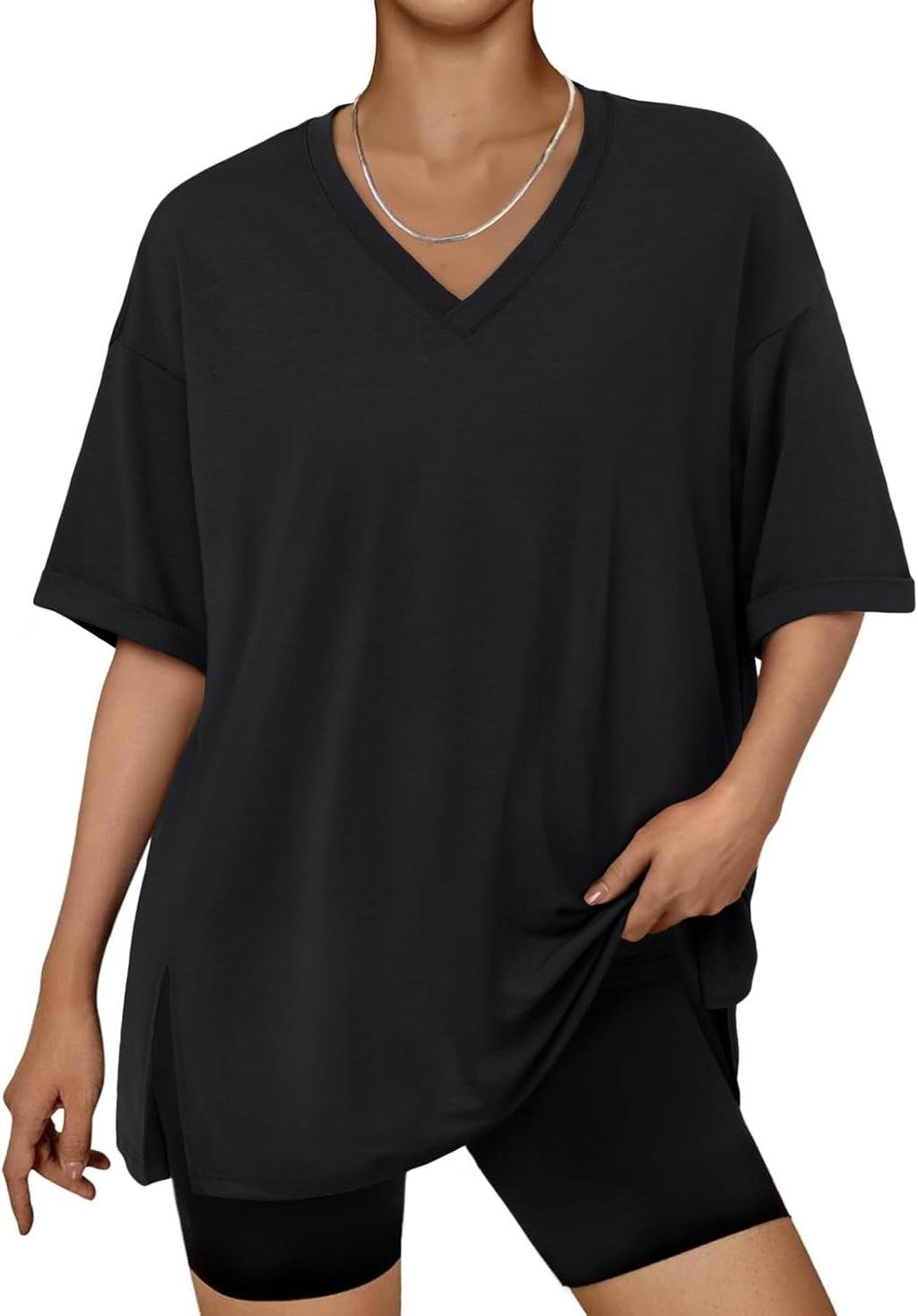 Plus Size Oversized V-Neck Tshirt Breathable Elastic Fabric Tunic for Workout Gym Casual Homing Wear