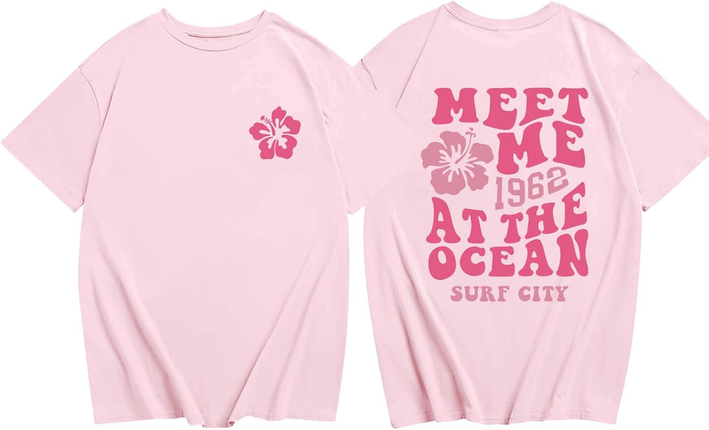 Cute Hawaiian Beach T Shirts for Girls Kids Aesthetic Pink Hibiscus Flower Shirt Oversized Summer Graphic Tee Tops