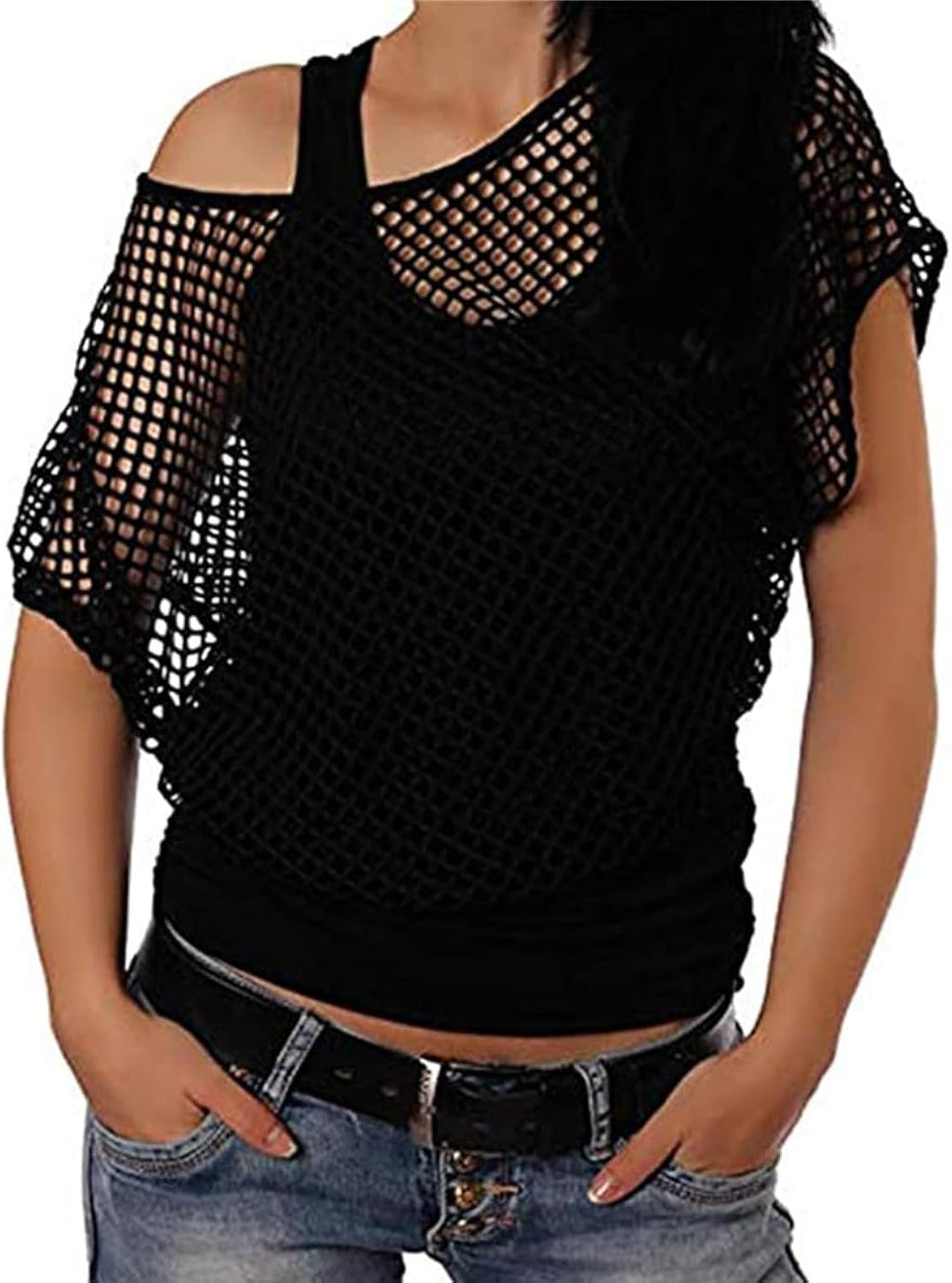 Women Casual Sexy 80s Costumes Fishnet Neon Off Shoulder T-Shirt