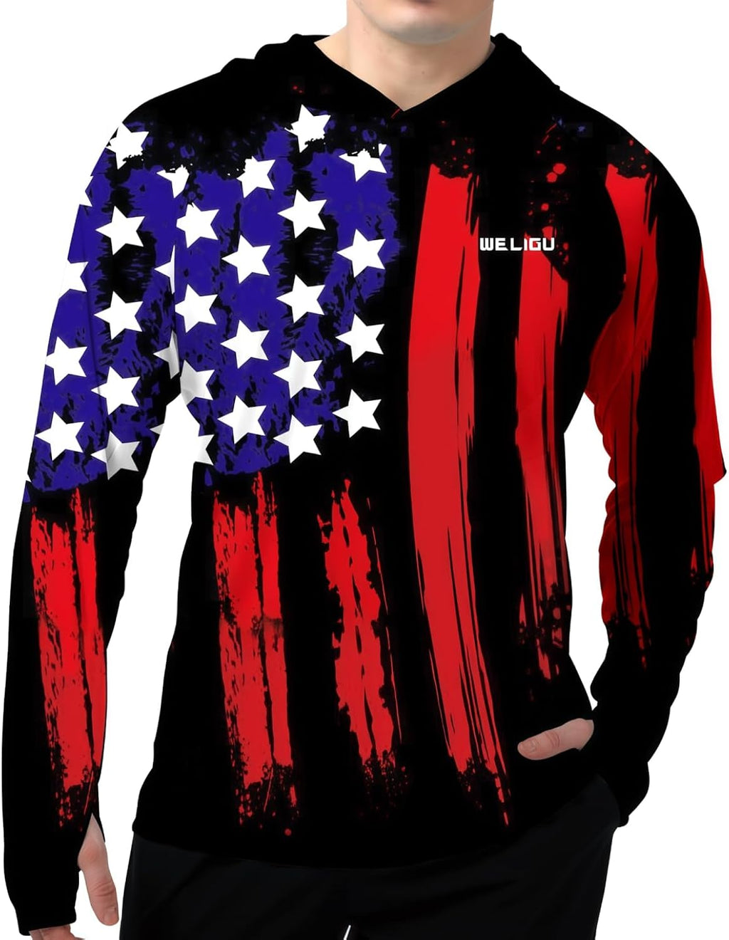 Mens UPF 50+ Fishing Shirts, Sun Protection Hoodie American Flag Long Sleeve UV Hiking Shirt Quick Dry SPF Rash Guard